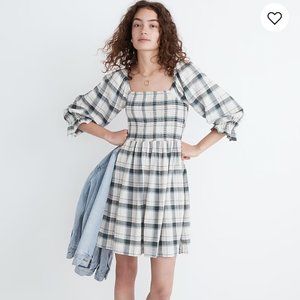 Madewell Lucie Elbow-Sleeve Smocked Mini Dress in Lebaum Plaid Small